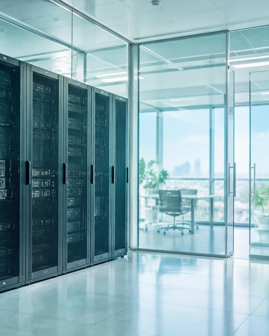 Engineer-maintained server racks in a bright data room